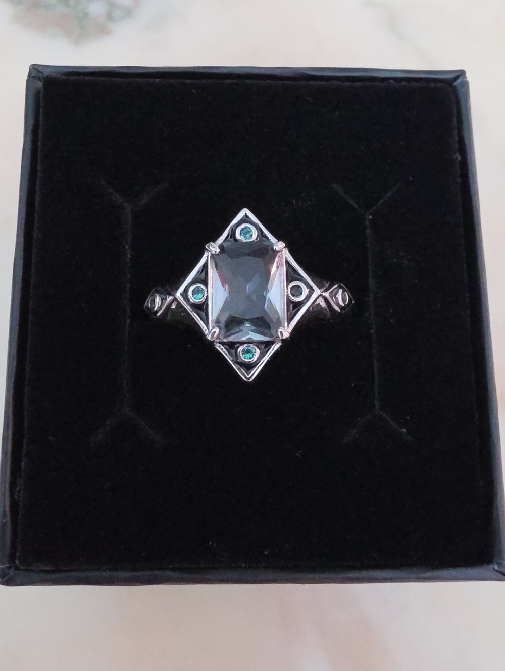 Silver-Tone Rectangular Stone Ring - 925 Sterling Silver